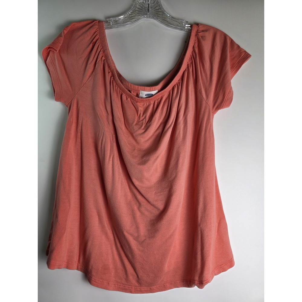 Old Navy Blouse Women M Coral Pink Short Sleeve Scoop Neck Rayon Peasant Top - Picture 2 of 7